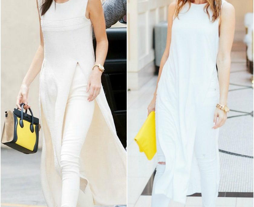 Sydne Style inspired by Kendall Jenner wearing cream the row top and leggings with yellow bag